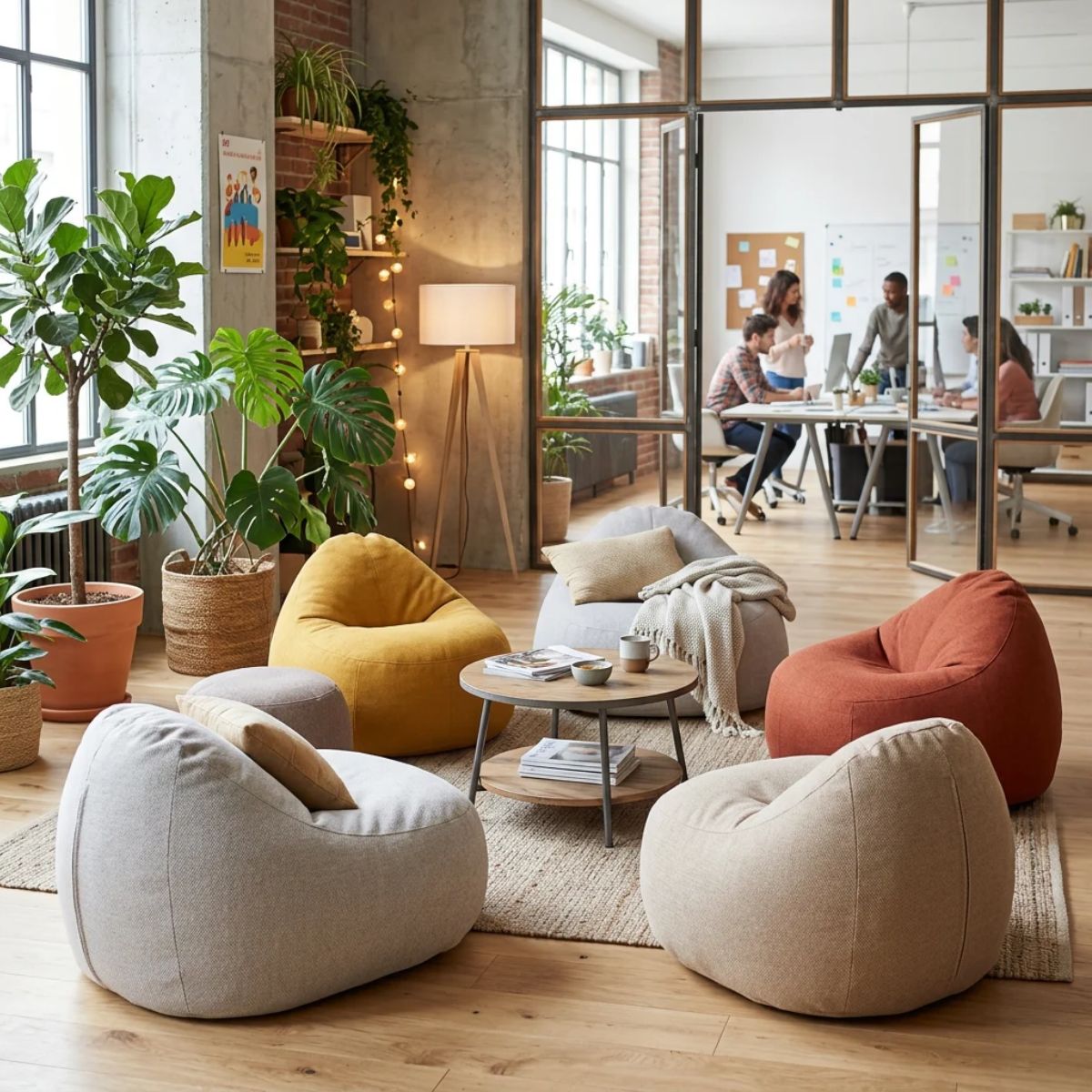 Zona chill out en oficina moderna equipada con puffs y asientos informales